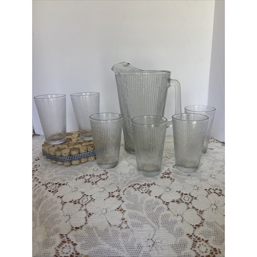 Vintage Jeannette Pitcher And Glassware 5" Set Of 6 Clear Tree Bark Pattern MCM